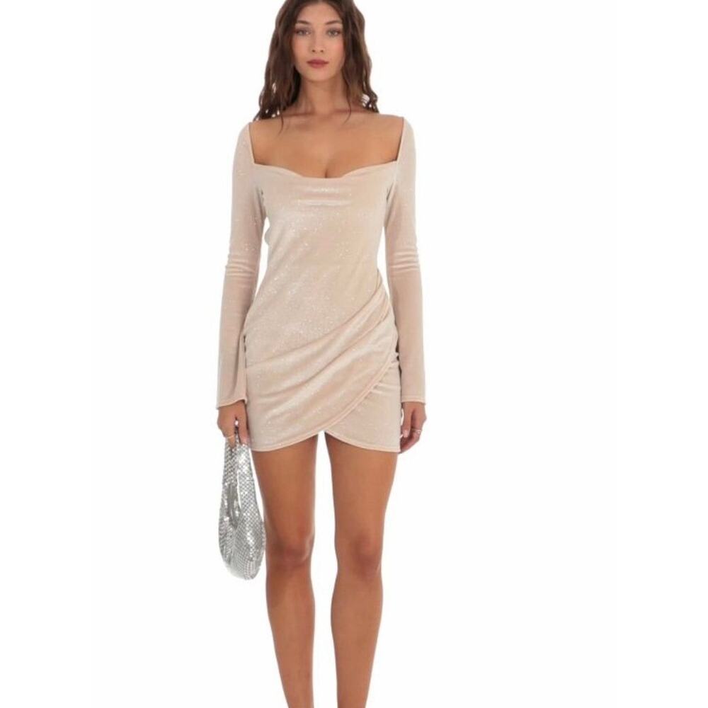 Altar'd State Cream Beige Sparkly Front Ruching Long Sleeve Shimmer Velvet Dress